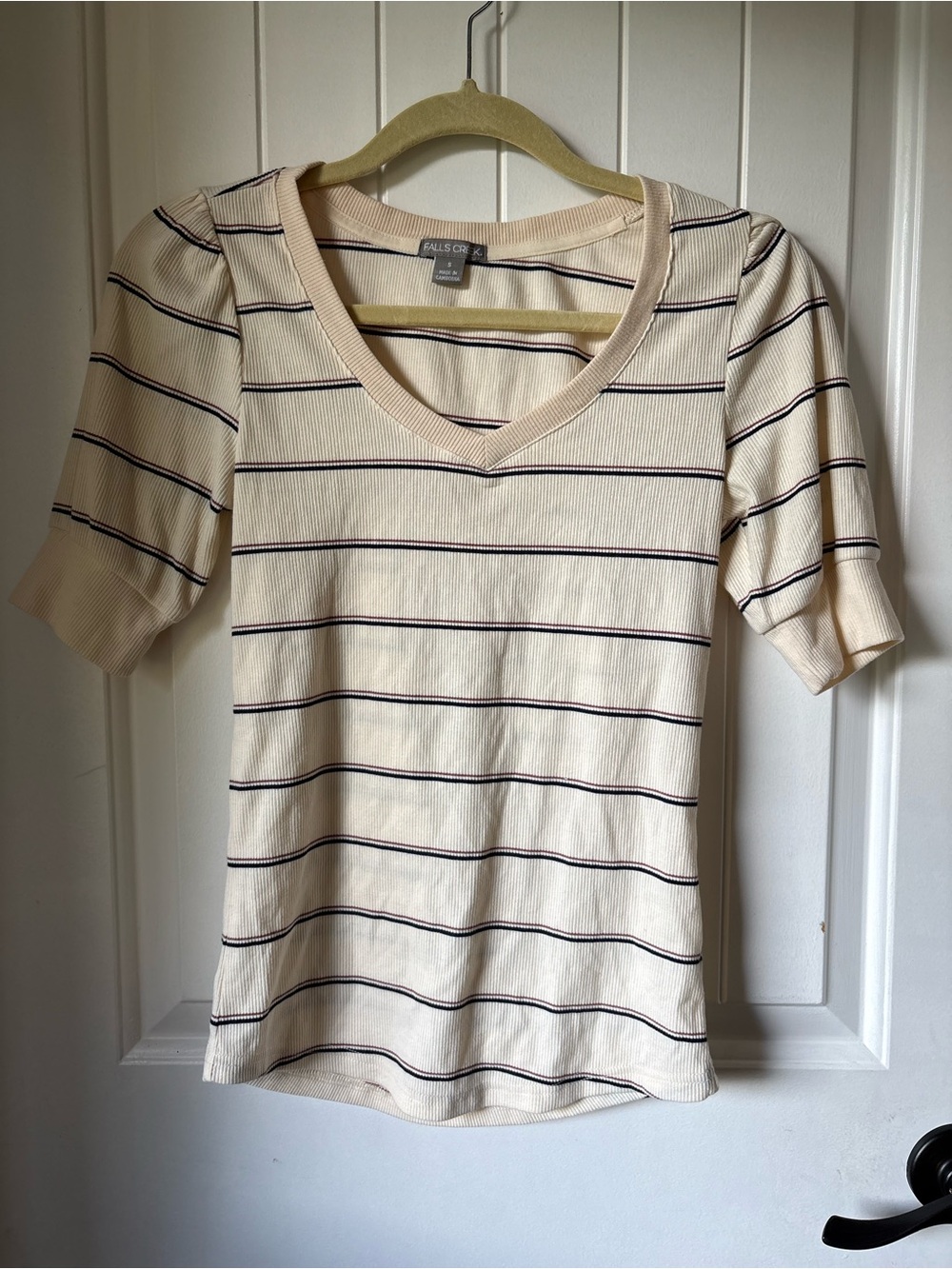 Falls Creek Cream Short Sleeve V-Neck Stripe Tee with Navy Lines